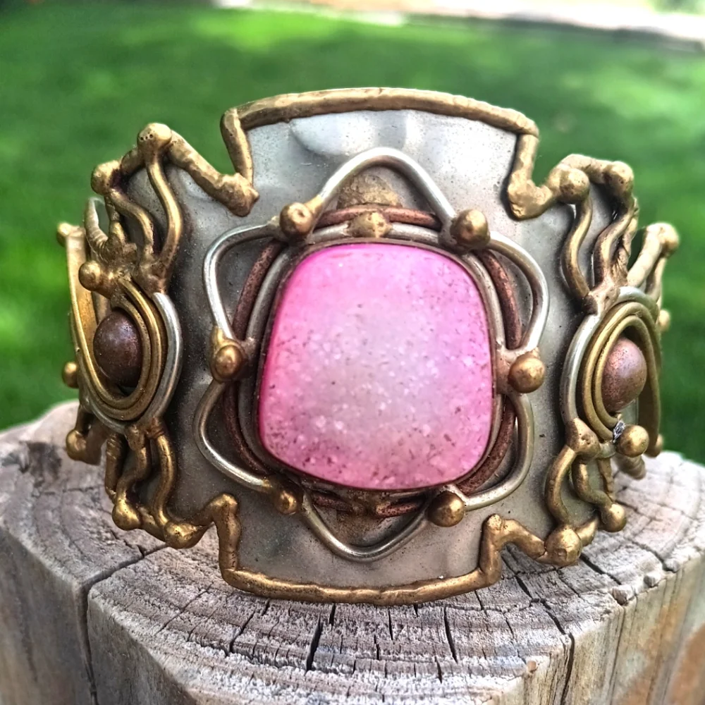 Vtg Mixed Metals Silver Tone Brass Copper Natural Stone Brutalist Cuff Bracelet - Picture 1 of 5